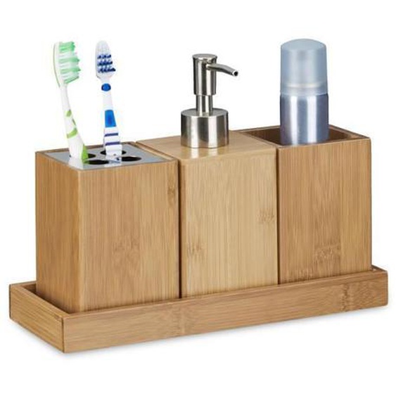 Relaxdays Accessoires de bain porte brosse à dents porte-savon liquide 4 pièces en bambou, nature