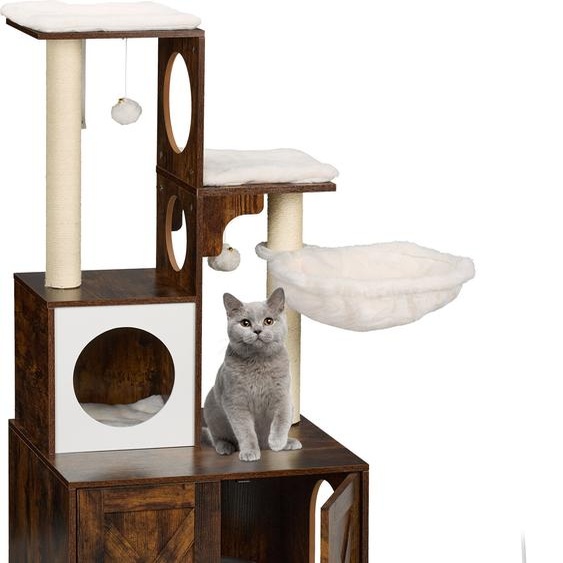 Arbre à chat Relaxdays avec meuble pour litière, dimensions 128 x 95 x 52 cm, poteaux en sisal et niche, style industriel, tour pour chat, marron et blanc