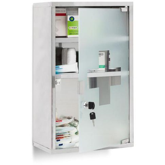 Relaxdays Armoire à pharmacie EMERGENCY, étagère à médicaments XL, acier inox, HxLxP: env. 50,5 x 30 x 18 cm, argenté