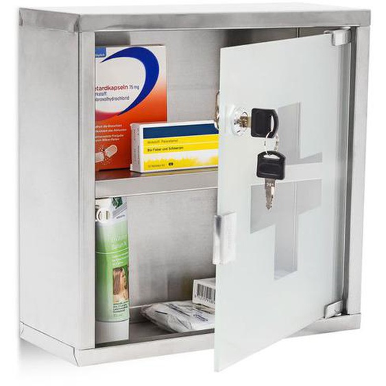 Relaxdays Armoire à Pharmacie EMERGENCY Inox Porte en Verre Rangement H x l x P: 30 x 30 12 cm Remèdes Moderne Salle bain, gris