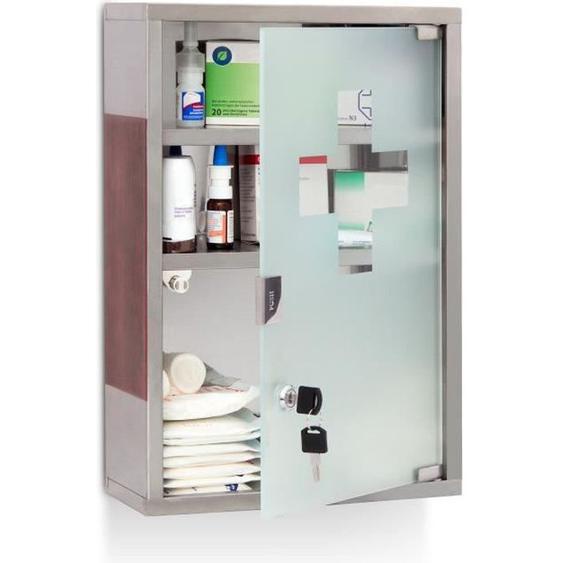 Relaxdays Armoire à pharmacie EMERGENCY, XL, HLP : 45 x 30 x 12 cm, pour la salle de bain, argenté/marron