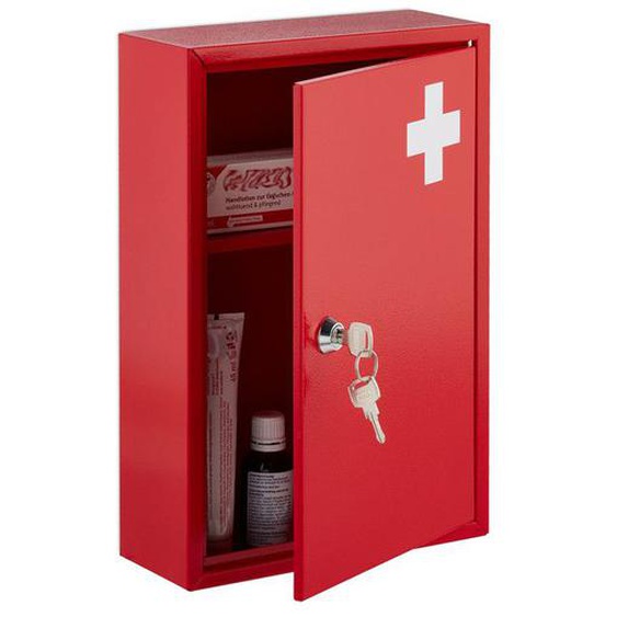 Relaxdays Armoire à pharmacie, verrouillable, 2 niveaux, HxLxP: 32x21,5x9,5 cm, ranger médicaments, rouge - blanc