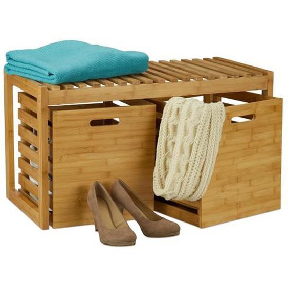 Relaxdays Banc à chaussures, 2 boîtes de rangement, Banquette, Meuble entrée, couloir, bambou, HLP 44,5x80x40 cm, nature