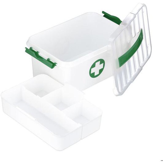 Relaxdays Boîte à pharmacie, 5 compartiments, rangement pansement, médicaments, env. 14,5 x 30 x 20 cm, blanc/ vert