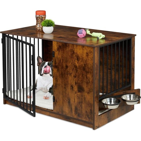 Cage pour chien Relaxdays pour la maison, dimensions intérieures : 65,5 x 102 x 60 cm, 2 gamelles pivotantes, cage pour chien Industrial, MDF et acier, marron/noir
