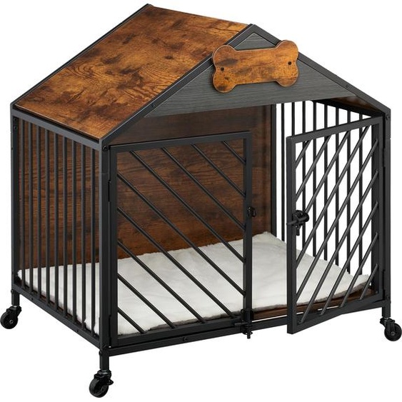 Cage pour chien Relaxdays pour la maison, style industriel, dimensions 73 x 70 x 53 cm, meuble pour chien à roulettes, cage, MDF, acier, marron/noir