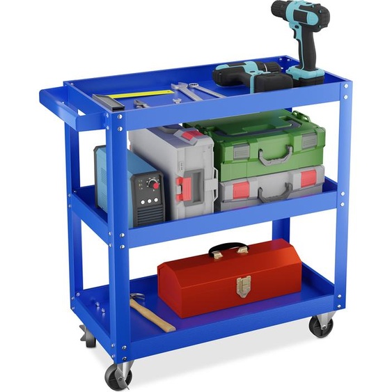 Chariot datelier Relaxdays, chariot à outils à 3 niveaux, chariot de montage mobile, charge maximale de 100 kg, dimensions : 76 x 78 x 35 cm, bleu