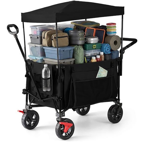 Chariot pliable Relaxdays, 150 kg, toit, poignée télescopique et de poussée, roues en caoutchouc avec frein, chariot de transport, noir