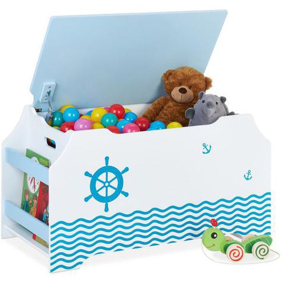Relaxdays Coffre à jouets, motif maritime, malle, couvercle, HLP : 46x84x42,5 cm, range-livres, bac peluches, bleu-blanc
