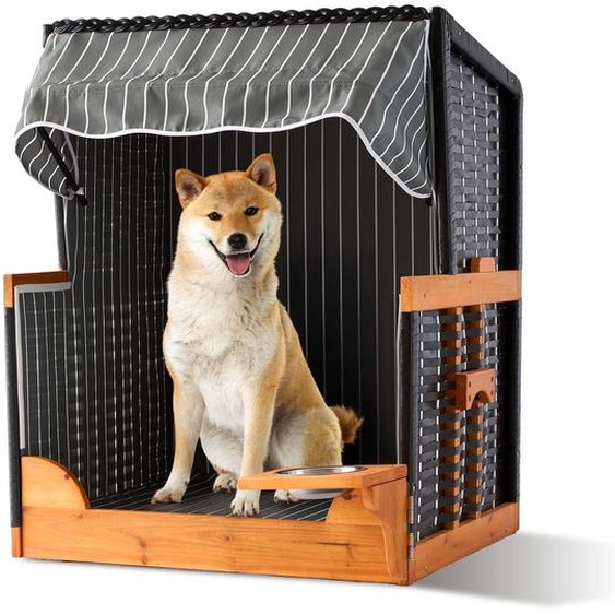 relaxdays Corbeille de plage pour chien en bois et rotin, avec gamelle incluse