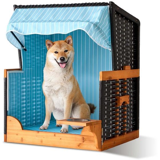 relaxdays Corbeille de plage pour chien en bois et rotin, avec gamelle incluse