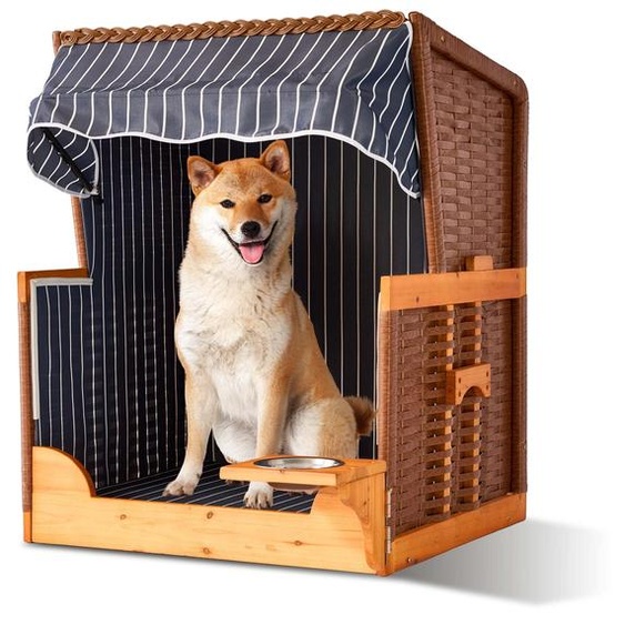 relaxdays Corbeille de plage pour chien en bois et rotin, avec gamelle incluse