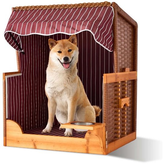 relaxdays Corbeille de plage pour chien en bois et rotin, avec gamelle incluse