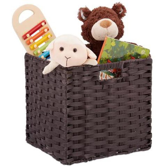 Relaxdays Corbeille de rangement plastique tressé, Panier poignée étagère Organiseur vintage, 31x32x30 cm, marron