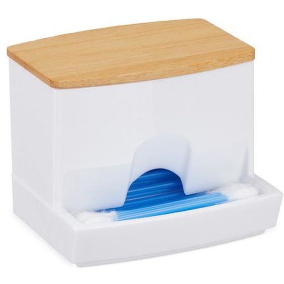 Relaxdays Distributeur coton-tiges, acrylique, bambou, petite boîte, rangement, salle de bain, blanc/nature