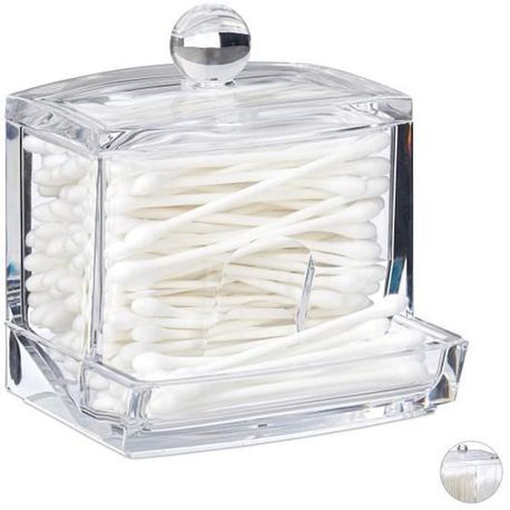 Relaxdays Distributeur coton-tiges, acrylique, petite boîte couvercle, rangement, salle de bain, coiffeuse, transparent