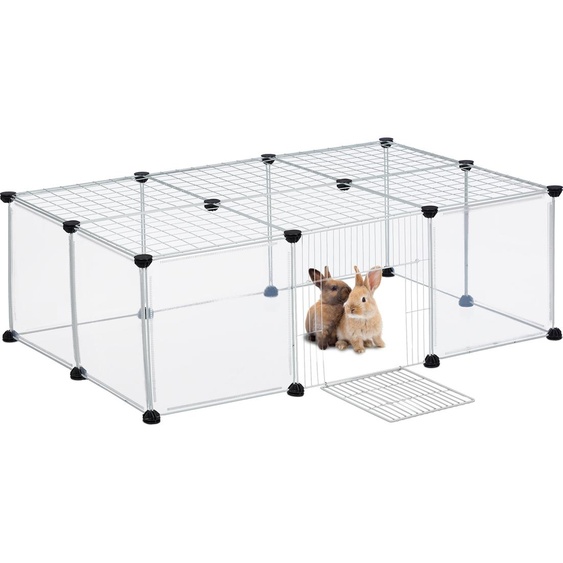 Enclos Relaxdays, dimensions 37 x 110 x 75 cm, enclos extérieur avec porte et couvercle, enclos à monter soi-même pour petits animaux, transparent/blanc