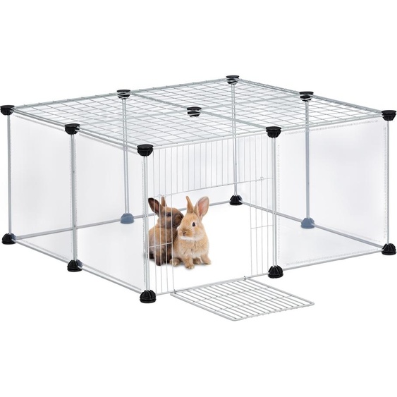 Enclos Relaxdays, dimensions 37 x 75 x 75 cm, enclos extérieur avec porte et couvercle, enclos à monter soi-même pour petits animaux, transparent, blanc