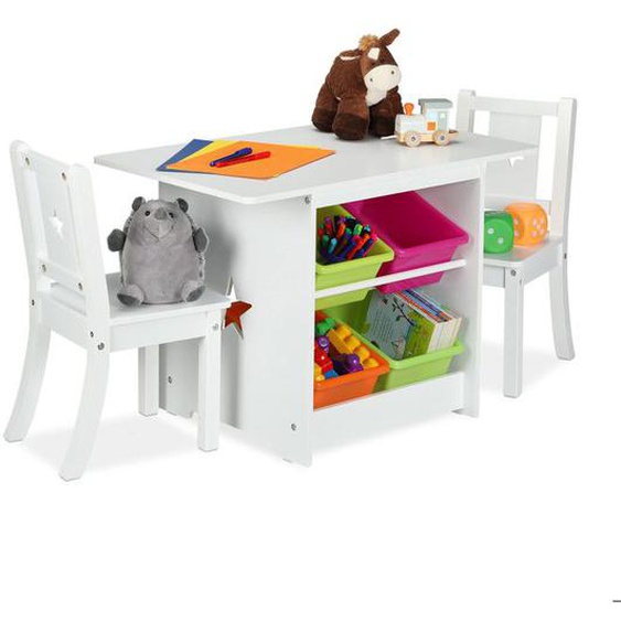 Relaxdays Ensemble mobilier enfants, table dînette, 2 chaises, rangements, mixte, coin salon chambre denfant, blanc