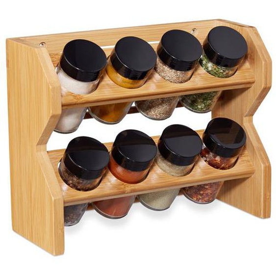 Relaxdays Étagère à épices bambou, 8 pots verre, Présentoir à épices, organiseur 2 étages, rangement, nature
