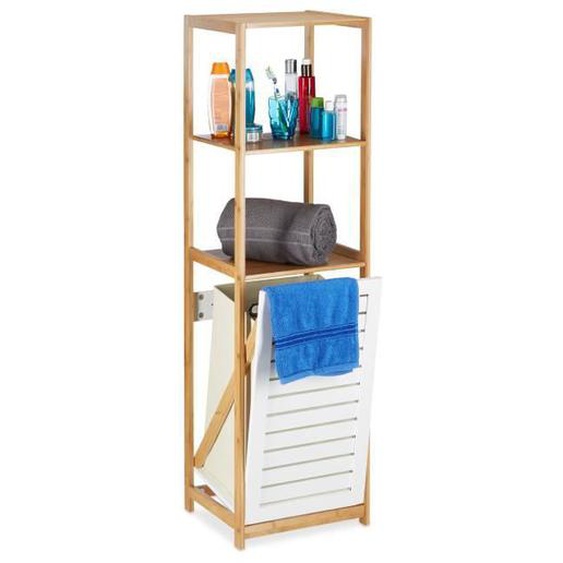 Relaxdays Étagère de salle de bain avec panier à linge bambou meuble sur pied 3 casiers HxlxP: 130 x 37 x 33 cm, nature
