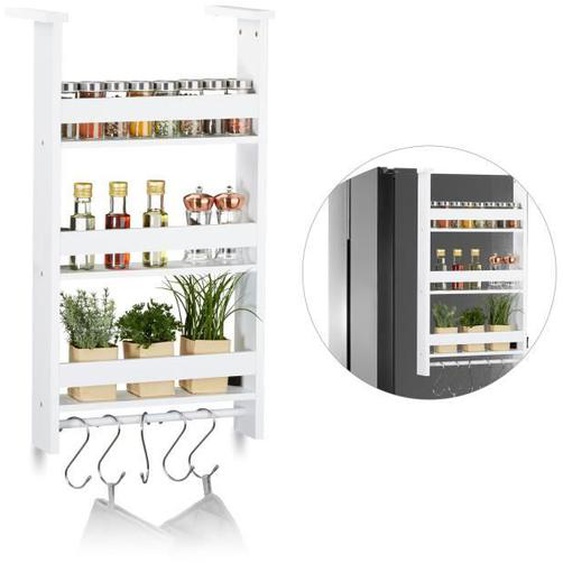 Relaxdays Étagère suspendue pour frigo, Rangement d’épices, avec barre & 5 crochets, MDF, HLP: 74x42x20 cm, blanc