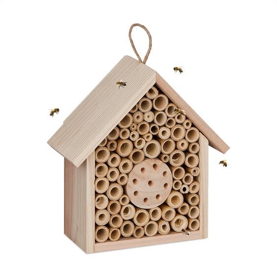 Hôtel à abeilles Relaxdays, en bois, pour abeilles sauvages, jardin, balcon, à suspendre, H x l x P : 20,5 x 19,5 x 8,5 cm, couleur naturelle