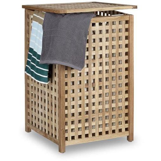 Relaxdays Panier à linge avec couvercle, bois, sac en tissu, capacité 75 L, H x L x P : 67,5 x 45,7 x 45,7 cm, nature