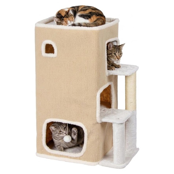 Relaxdays, maison pour chat à 3 étages, avec cachette, jouet à balle et griffoir, dimensions : 83,5 x 43 x 34 cm, abri pour animal de compagnie pour intérieur, en tissu, couleur beige