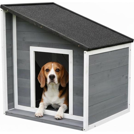 Niche pour chien Relaxdays, en bois, résistante aux intempéries, toit incliné rabattable, niche pour petits chiens, dimensions intérieures : 77 x 71 x 58 cm, gris/blanc