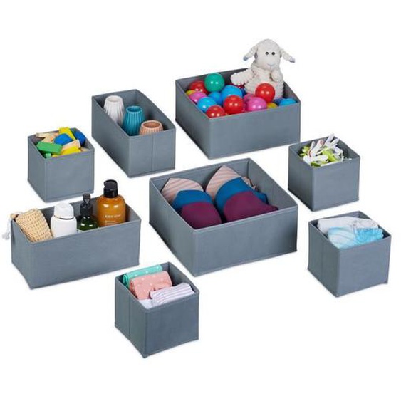 Relaxdays Organiseurs de tiroirs, 8 boîtes de rangement pour le dressing, 3 tailles, armoire & tiroirs, pliables, gris