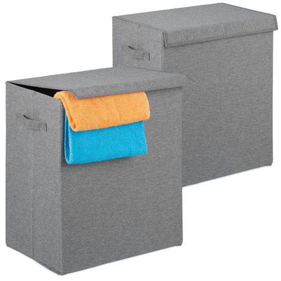 Relaxdays Panier à linge jeu de 2, pliable , corbeille à linge, couvercle, coffre lessive 61L, 50,5 x 45 x 30,5 cm gris