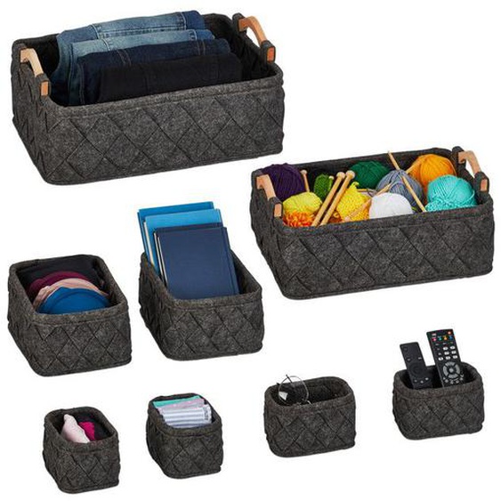 Relaxdays Panier de rangement, 8 pièces, 4 tailles différentes, boîte en feutre, pour l’armoire, gris foncé