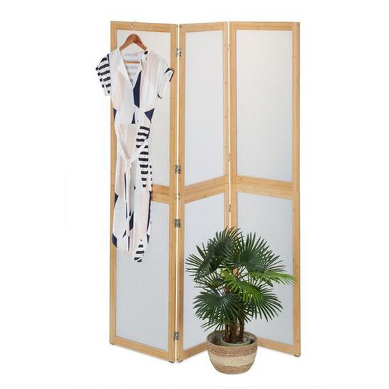 Relaxdays Paravent à 3 volets, pliable, plastique et bambou, H x L : 180 x 136,5 cm, pour intérieur, nature et blanc