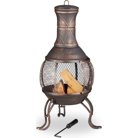 Relaxdays Poêle aztèque jardin bronze tisonnier grille bois pare-étincelles rakes ;