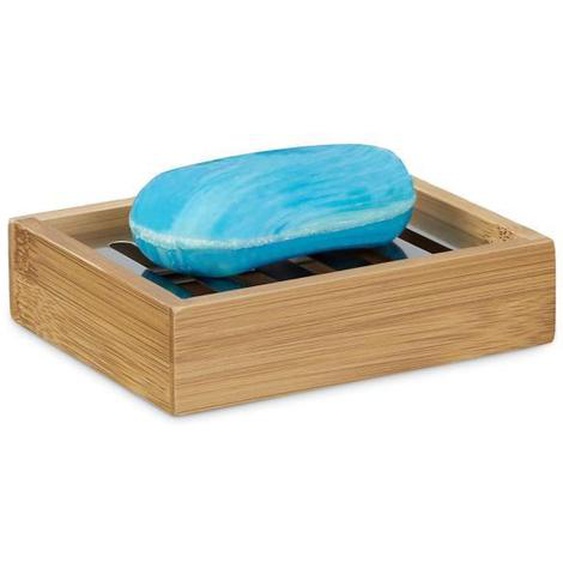 Relaxdays Porte-savon bambou rectangle avec grille en inox support pour savon nature salle de bain HxlxP: 3 x 12,5 x 10 cm, nature: