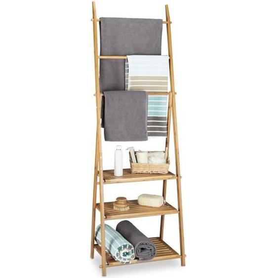Relaxdays Porte-serviettes bambou pliable 3 tablettes de rangement valet vêtements 3 barres 4 crochets HxlxP: 152 x 53 x 31 cm,