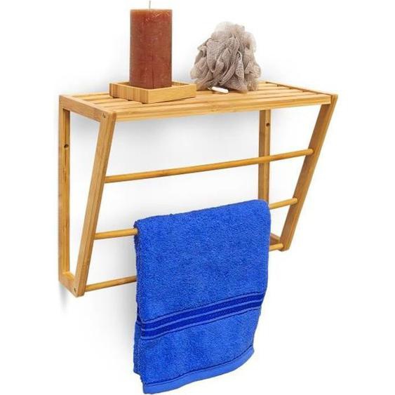 Relaxdays Porte-serviettes avec surface de rangement, montage mural, 3 barres, en bambou, HLP : 30 x 42 x 20 cm, nature