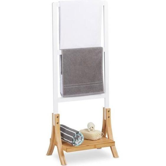 Relaxdays Porte-serviettes sur pied, 3 bras, salle de bain, support valet, serviteur HxlxP: 104 x 41 x 28,5 cm, blanc