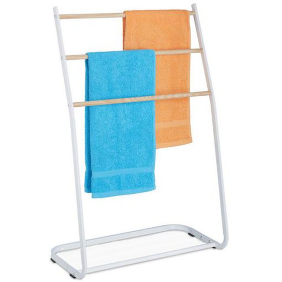 Relaxdays Porte-serviettes sur pied, métal, 3 traverses aspect bois, pour serviettes, HxLxP : 87 x 58 x 29,5 cm, blanc