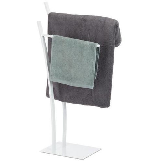 Relaxdays Porte-serviettes sur pied, Support pour serviettes de bain 2 barres, 88 x 43 x 24 cm, blanc
