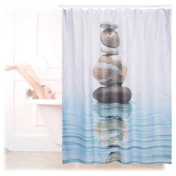 Relaxdays Rideau de douche 180 x 180 cm salle de bain motifs Pierres Zen anti-moisissures, bleu
