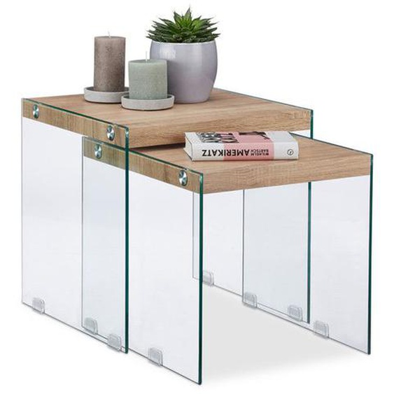 Relaxdays Set de 2 Table Gigogne Dessus de Table massif Table d’appoint Verre noble Table de Salon Haut 40-45 cm Nature