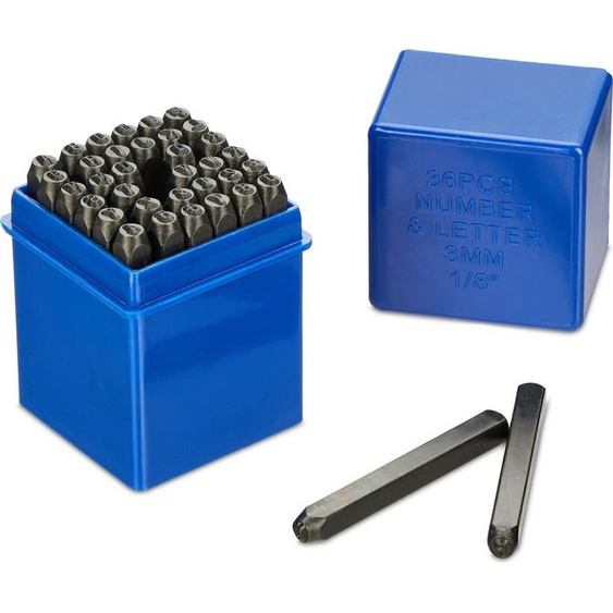 Kit de lettres à frapper Relaxdays, 36 pièces, poinçons de 3 mm, cuir et métal, outils de poinçonnage A-Z et 0-9, acier, noir