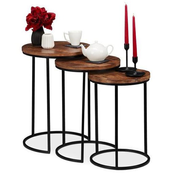 Relaxdays Table gigogne, jeu de 3, d’appoint ronde Bois de mangue, design industriel, métal noir, 3 tailles, couleurs