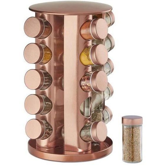 Relaxdays Tourniquet à épices, avec 20 pots, étagère rotative à 360°, inox, verre, présentoir, HxD 34 x 22 cm, cuivré