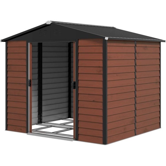 Remise à outils 4,4 m², abri de jardin avec toit en appentis, porte coulissante, fondation, 240 x 206 x 198 cm, remise à outils en acier galvanisé, résistante aux intempéries, pour jardin, teck