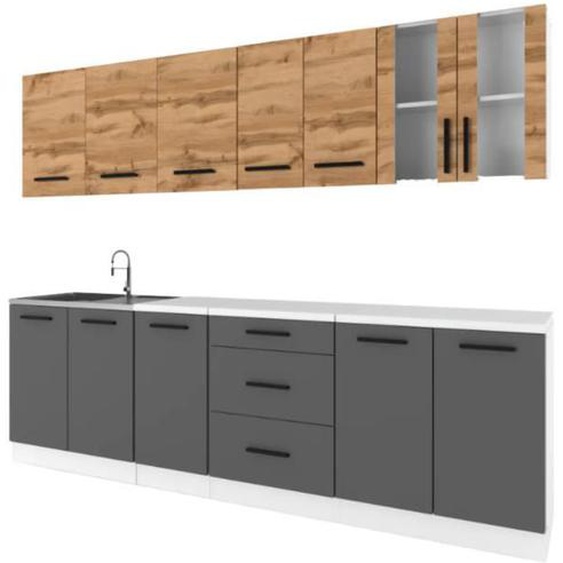 RENO - Ensemble de Cuisine - Anthracite / Chêne Wotan avec Plan de Travail en Chêne Lancelot - 8 Unités - 260 cm