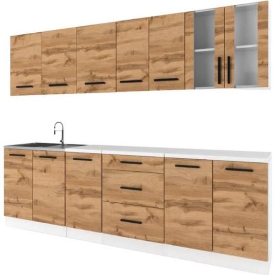 RENO - Ensemble de Cuisine - Chêne Wotan avec Plan de Travail Blanc - 8 Unités - 260 cm