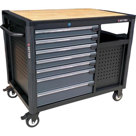 RETTER Chariot à outils mobile RS12 - 1110 x 751 x 986 mm, avec plan de travail en bois, sans outils